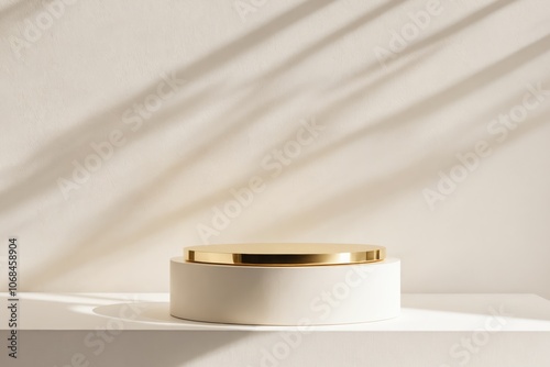 White cylindrical podium with gold top, illuminated by soft sunlight