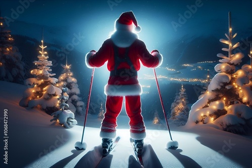 Festive Night Skiing: Skier in Christmas Suit Enjoying the Holidays Under Flashlights