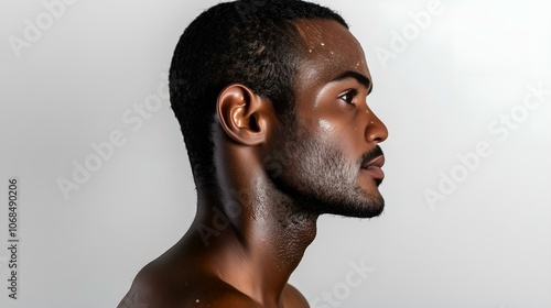 A side profile portrait of a man showing signs of possible infection, with visible spots and an unwell expression on his skin.