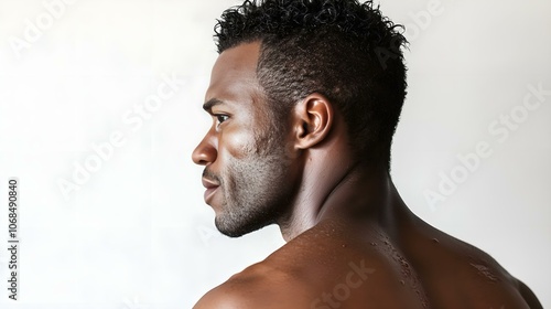 A portrait of a man with short curly hair, showing his back and profile against a neutral background, with visible skin lesions characteristic of monkeypox infection.