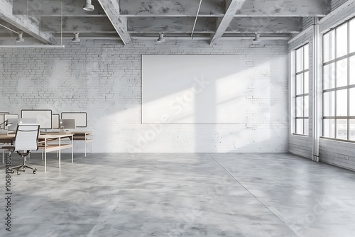 White brick open space office interior room with white brick wall