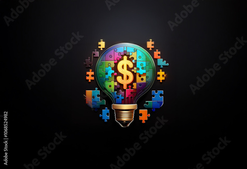 A lightbulb with a gold dollar sign inside is surrounded by colorful puzzle pieces on a black background.