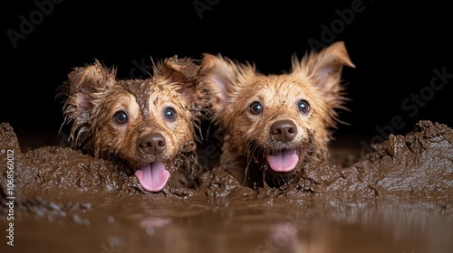 Two muddy dogs are captured enjoying their time together in the mud, showcasing their lively spirit and friendship as they splash and play with genuine delight.