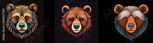 Three bear heads in various artistic styles, with dark background.