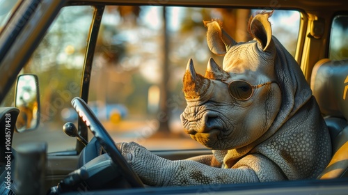 A rhinoceros appears to drive a vehicle, showcasing its unique personality as the sun sets over the wildlife park