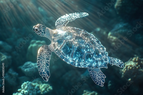 Sea turtle gliding over vibrant coral reef underwater.