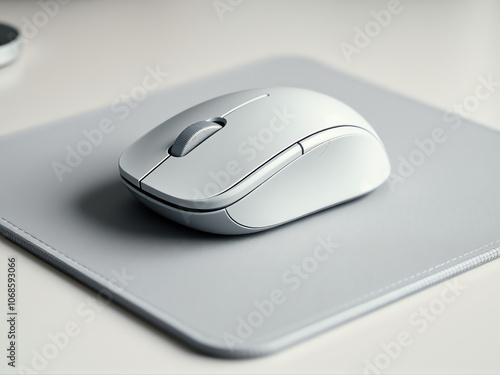 A modern wireless mouse resting on a sleek grey mouse pad in a bright, minimalistic workspace setting