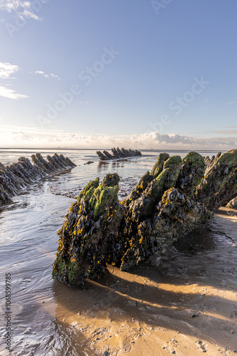 The wreck of the Norwegian ship SS Nornen which ran aground on the beach at Berrow near Burnham-on-Sea, UK in 1897 due to gale force winds