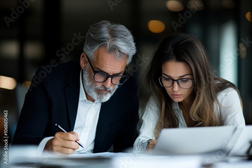 A seasoned male professional and a young female colleague work together intently on documents, showcasing collaboration and mentorship in a modern office setting.