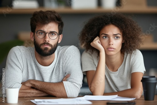 A couple appears bored while dealing with mundane paperwork in their home, illustrating the tediousness and frustration often felt in daily administrative tasks.