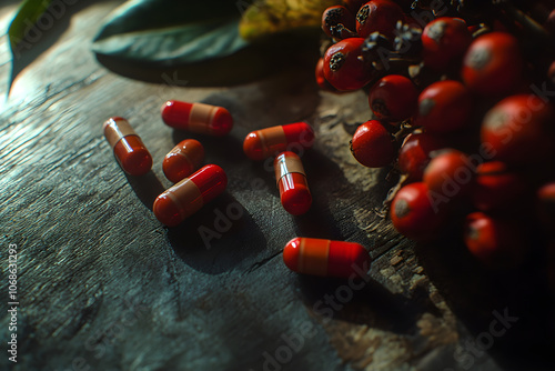 Close up of colorful capsules on a rustic wooden surface with yellow and red guarana berries nearby highlighting their natural origins and vibrant colors