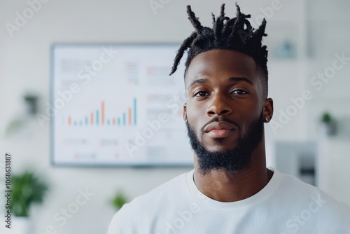 A confident person stands in a bright room with financial graphs in the background, suggesting success, ambition, and strategic foresight in personal finance management.