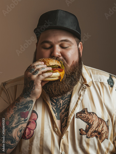 Bardzo gruby mężczyzna jedzący hamburgera