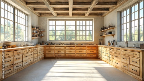 Architect table with house mockup, design drawings, and tools, well-organized workspace, natural lighting