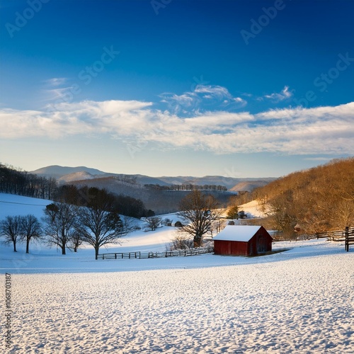 panorma of winter scene of rural farm in appalachia