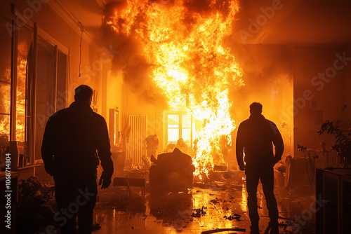 Brave firefighters confront raging flames inside a burning building