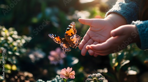 Kind und Schmetterling in einem sonnigen Gartenmoment