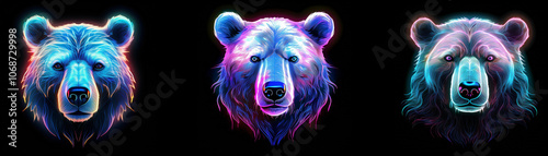 Three bear heads, glowing in a vibrant array of blue, pink, and purple hues, against a dark background.