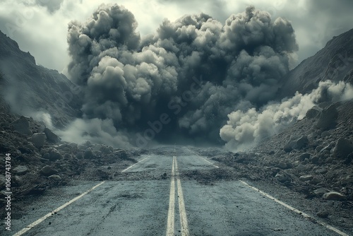 A surreal deserted highway shrouded in smoke and debris