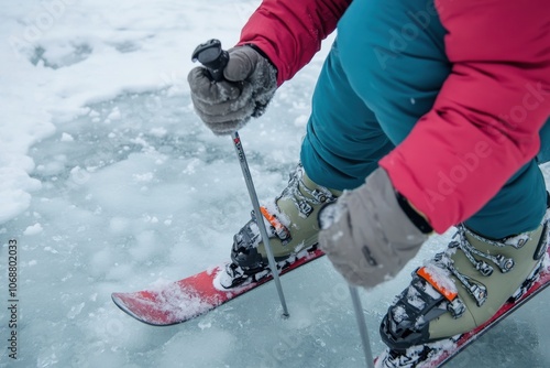 Close-up of skier adjusting ski bindings on icy surface with snowy background and winter gear