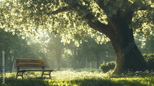 A wooden bench is positioned beneath a large tree with expansive branches in a tranquil sunlit park