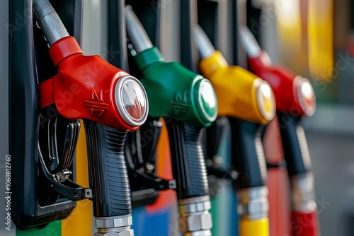 Color background of fuel dispenser. Fuel pumps of the station close-up, copy of the place.