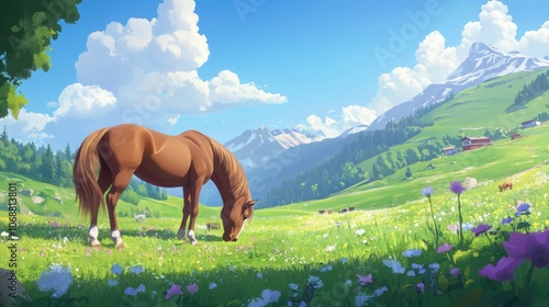 Warmblood horse peacefully grazing on a vibrant green meadow showcasing tranquility in nature