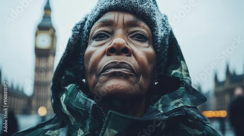 An elderly woman wearing a winter coat and hat stands solemnly in front of a recognizable urban landmark, embodying resilience and dignity amidst the cold weather.