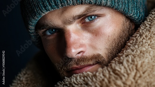 A warm and cozy portrait of a man enveloped in knitwear with a striped beanie, showcasing an expressive face and capturing a sense of rugged style and warmth.