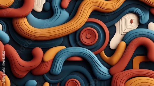 Abstract 3D illustration featuring layered, curvilinear shapes in vibrant colors including blue, orange, red, and cream. The design consists of fluid, interconnected patterns and contours.