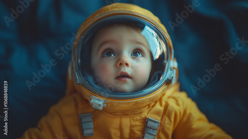 Small child wearing an astronaut costume and helmet, looking excited, on a deep blue background, symbolizing dreams of space exploration and adventure