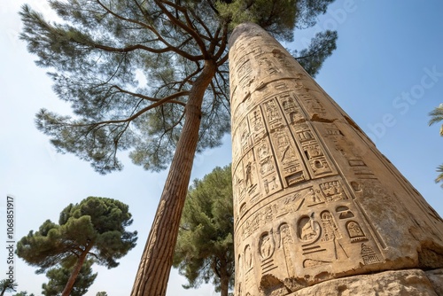 Ancient tree trunk with bark resembling intricate hieroglyphic patterns, nature's script, ancient wisdom, primal patterns, tree mythology, ancient language