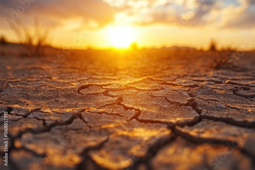 A close-up view of cracked earth in a dry landscape, illuminated by a golden sunset. This image emphasizes the impact of climate change and drought on natural landscapes.