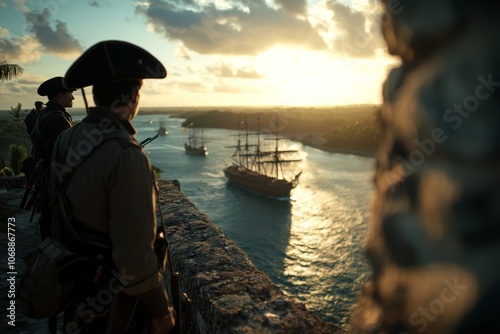 Close-Up of Intense Spanish Soldier Observing British Fleet from Fortress Wall in Cuba, 1780