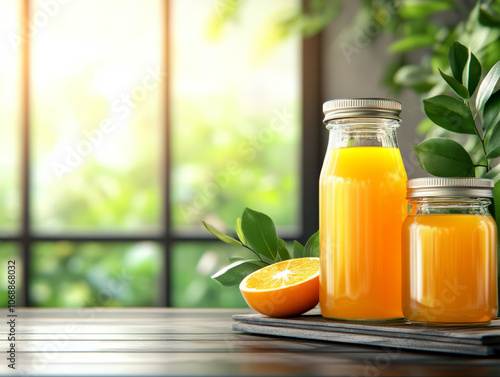 Delight your senses with refreshing orange juice bottles set against a vibrant nature backdrop