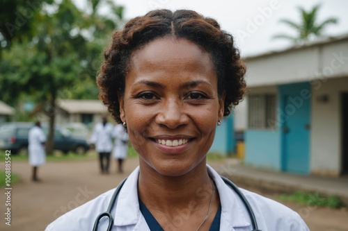 Close portrait of a smiling 40s Papua New Guinean woman doctor looking at the camera, Papua New Guinean hospital blurred background