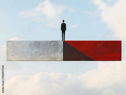 A lone figure stands on a large magnet, symbolizing attraction and repulsion amidst a backdrop of clouds, representing balance in contrasting forces.