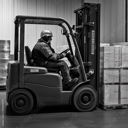 Forklift driver wearing seatbelt and helmet in a warehouse