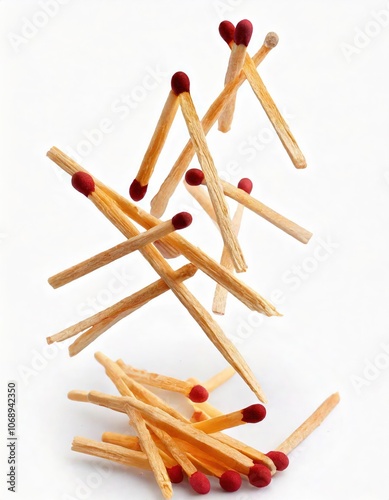 Floating Wooden Matches Tumbling in Midair Against White Background 