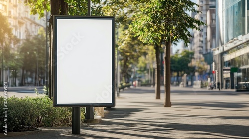 Blank white billboard mockup on urban street with trees and buildings, perfect for advertising display in a bustling city environment.