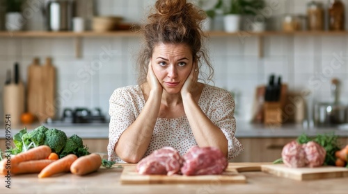 A woman sits at a kitchen table pondering meat choices while surrounded by fresh vegetables, illustrating the dilemma of dietary decisions in a cozy kitchen setting.