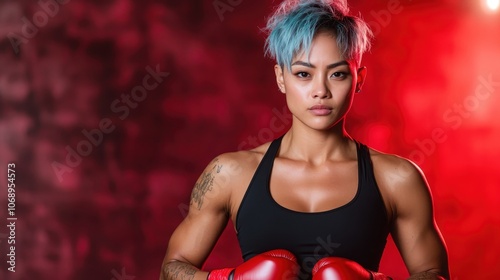 A strong female boxer in red lighting poses confidently with tattoos visible, showing determination and resilience in the dynamic, focused gym environment.