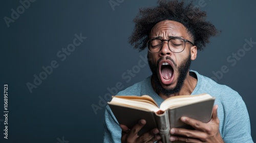 A man with an exaggerated yawn holds a large book, his expression showcasing a humorous take on boredom and the monotony sometimes associated with reading.