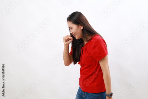 Young hispanic woman wearing casual red shirt feeling unwell and coughing as symptom for cold or bronchitis. health care concept.