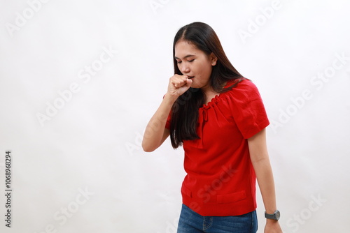 Young hispanic woman wearing casual red shirt feeling unwell and coughing as symptom for cold or bronchitis. health care concept.