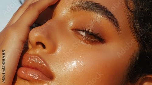 Close-up of woman's face with natural dewy skin texture for skincare and beauty editorial photo campaign