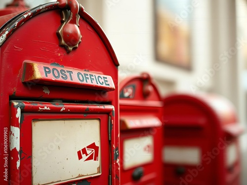 A close-up shot of a vintage mailbox with faded red paint and brass details against a blurred background of a bustling post office, red, close-up