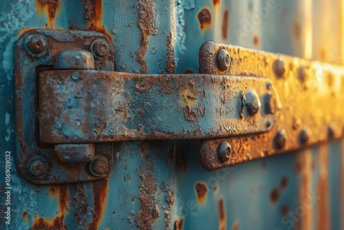 Close-up of Rusty Metal Hinge on a Weathered Blue Surface