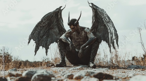 muscular demon adorned large wings sits barren landscape surrounded dry tumbleweeds embodying essence apocalyptic isolation.