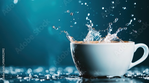 A cup of coffee creates a splash on a dark background, capturing the dynamic motion and energy of the liquid in a visually striking moment.